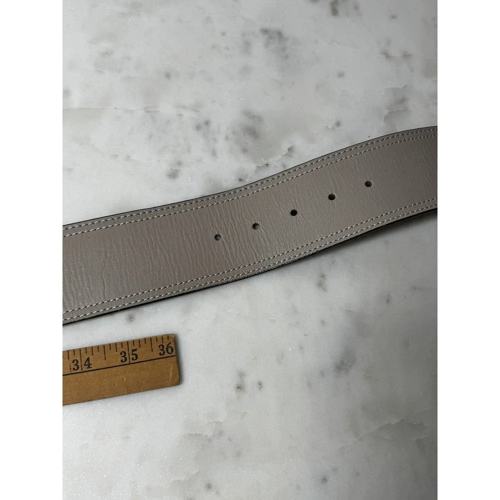 Chicos Wide Belt Womens L Taupe Gray Leather Silvertone Buckle Chic Classic Boho